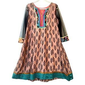 VTG Boho Bohemian Silk Dress Sheer Sleeves block print Kurti Kurta Indian M/L‎
